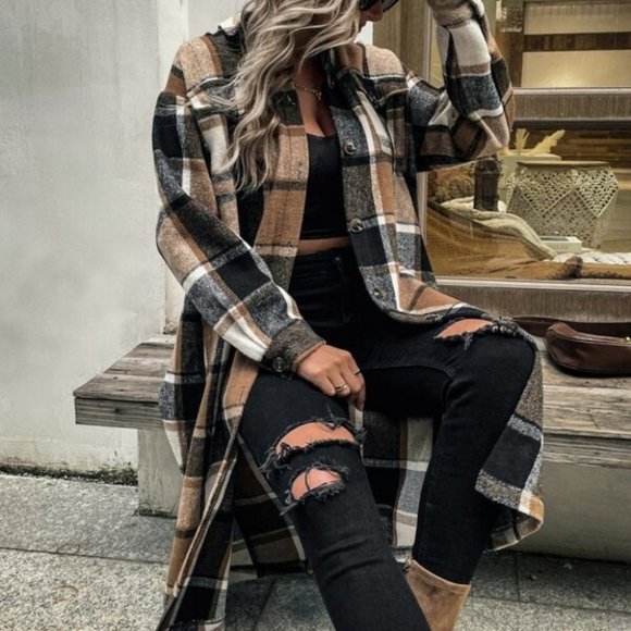 Casual Contemporary Plaid Print Drop Shoulder Coat - Picture 3 of 9